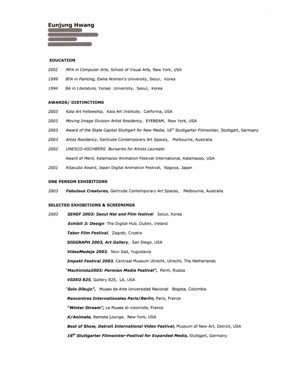 Eunjung Hwang's Resume, pg 1